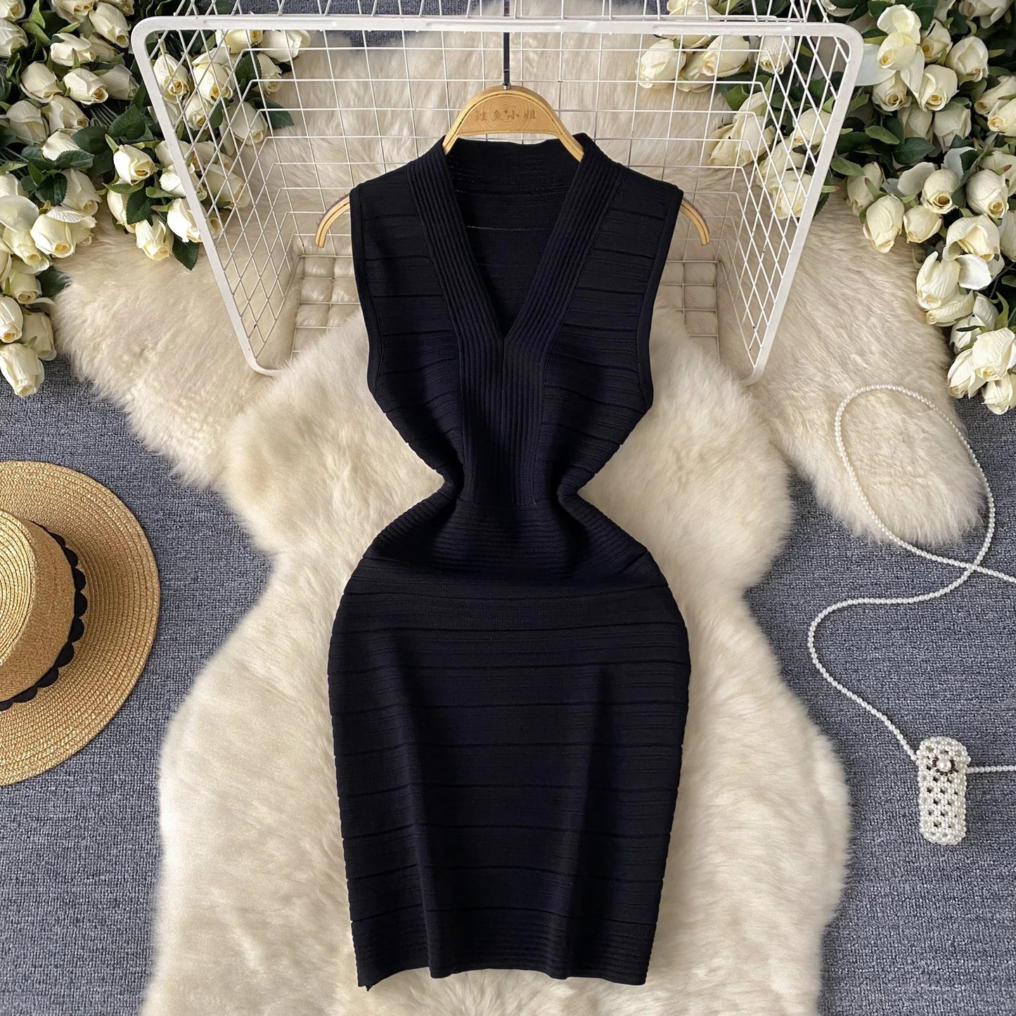 SINGREINY Bodycon Basic Knitting Dress Women Sleeveless V Neck Tank Ladies Elastic Waist Temperament Solid Streetwear Dress