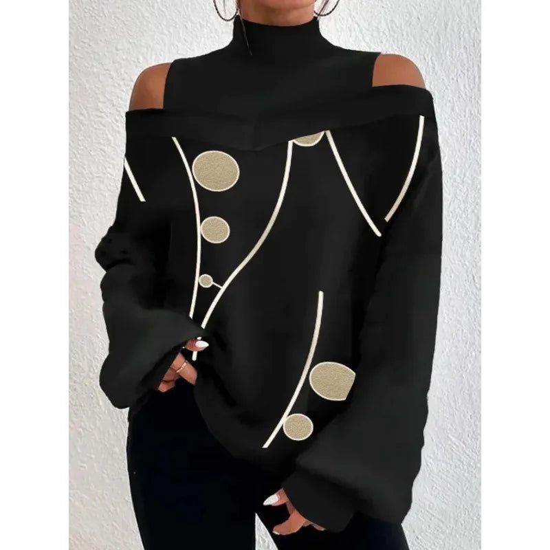 2024Damen Langarm Rollkragenpullover Damen Sexy schulterfrei ausgehöhlte lockere bedruckte T-Shirts 2024 Herbst Mode T-Shirt Top