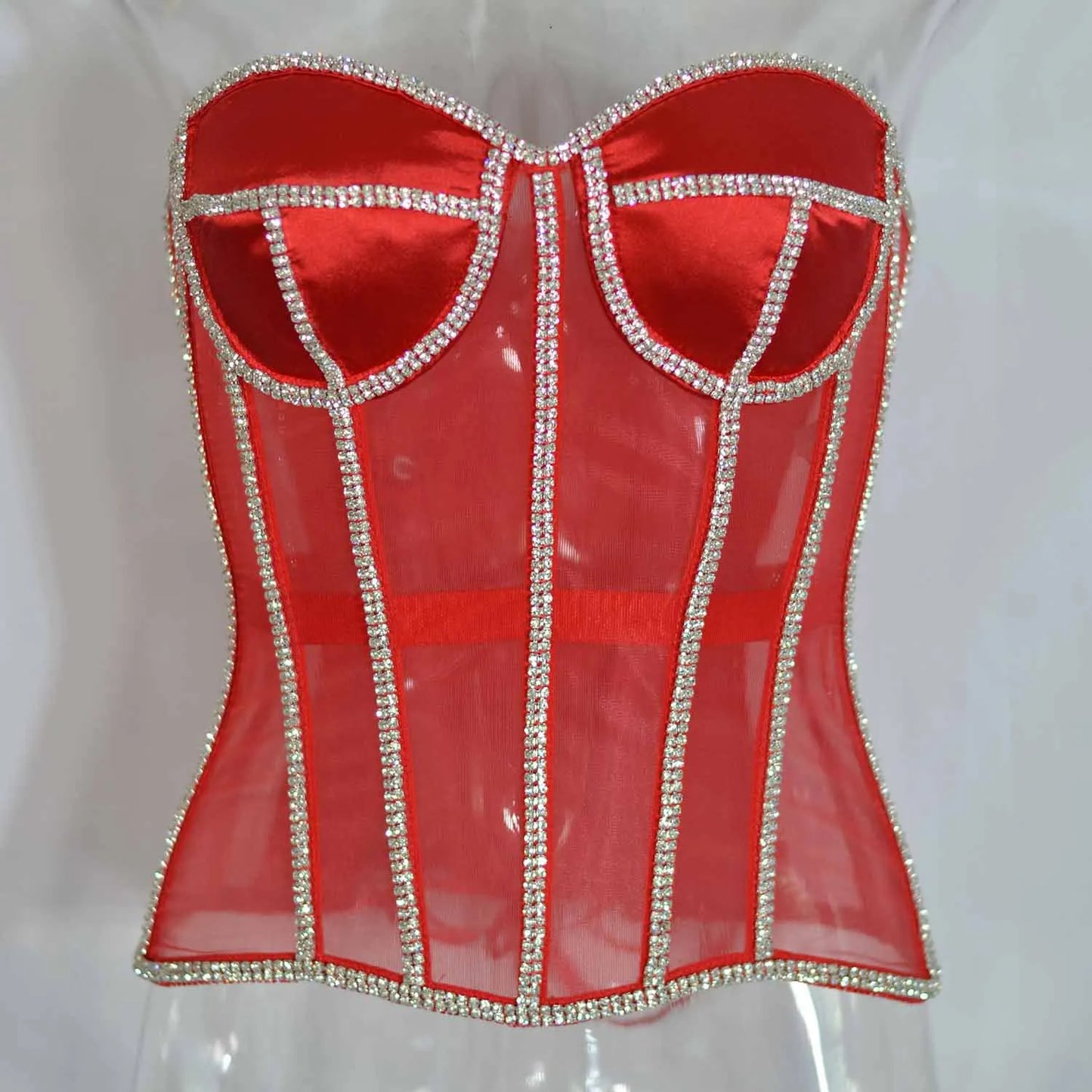 Women Abdomen Corset Crops with Bra Shiny Rhinestone Transparent Breathable Mesh Hand Made Bodices Push Up Bustiers Custom Made