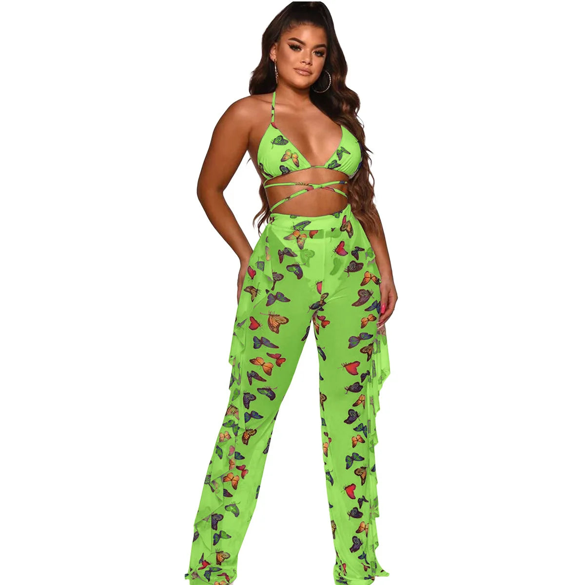 Bra+tassel Pants Suit  2 Piece Set Women Hot Pink Swimsuit Mesh Bathing Suit Sexy Matching Swimwear Viquinis Mujer 2022