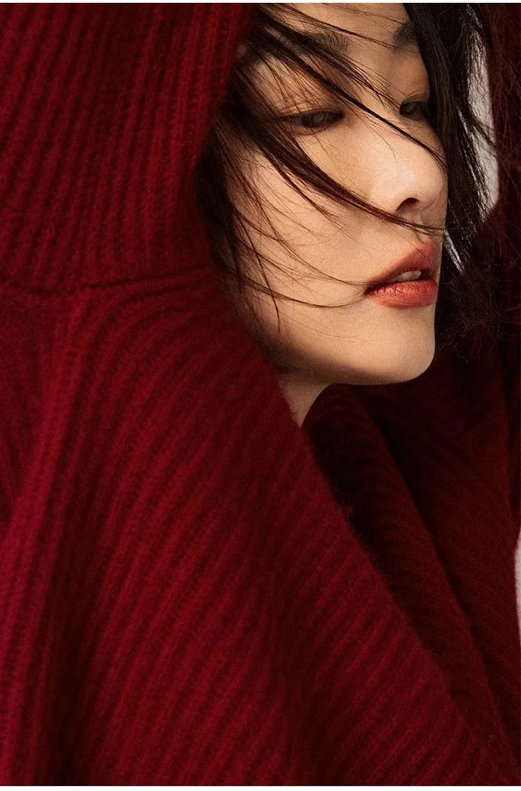 Rollkragenpullover 100% Kaschmir Pullover Damen lose verdickend Anti-Aging Nische Vintage Roter Rundhals-Pullover Damen Langarm