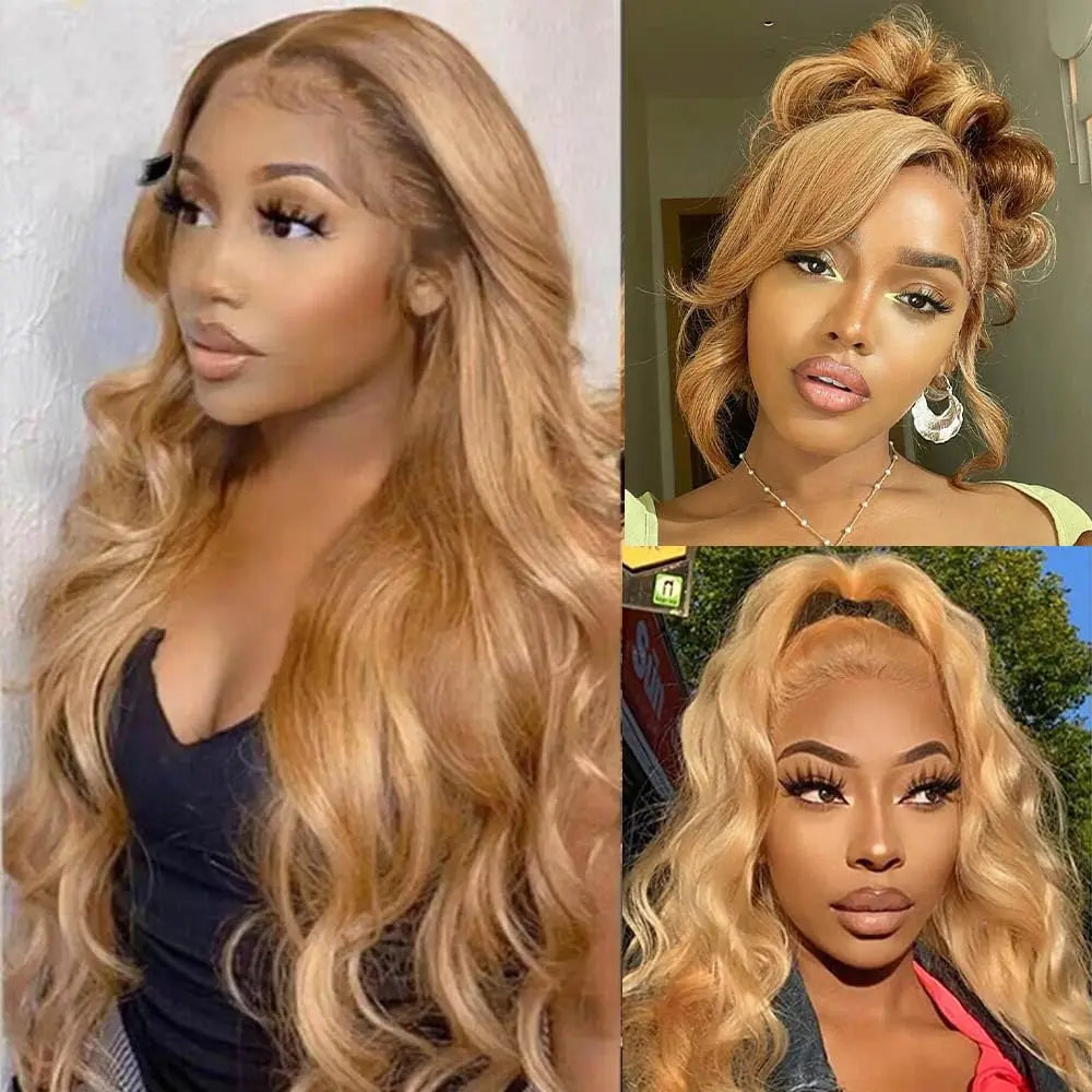 #27 Honigblond Echthaarperücken 13X4 Transparent Spitze Vorgezupfte Body Wave Echthaar Lace Frontal Perücke 200 Dichte 20-32 Zoll