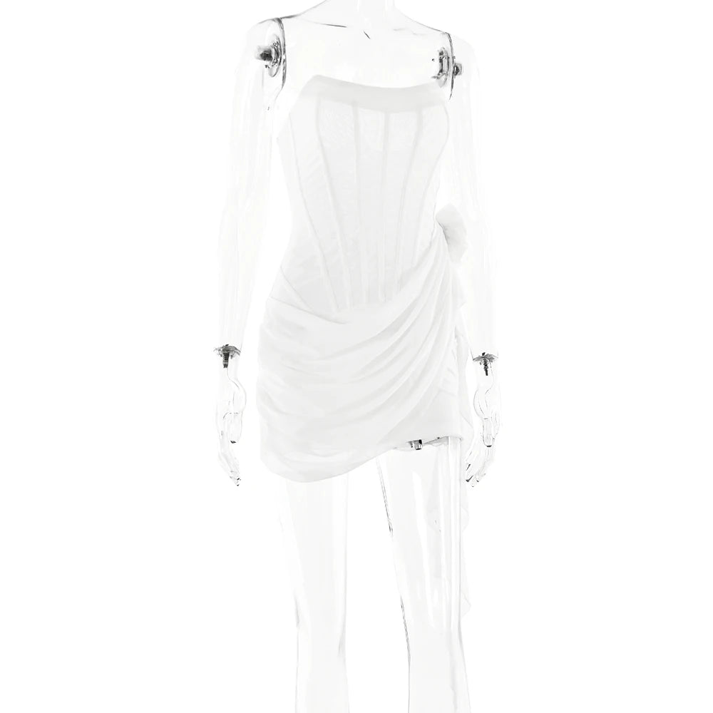 Articat Sexy Trägerloses Bandagenkleid, Zweilagiges Mesh-Patchwork, Damen, Transparent, Blumen-Bänder, Vestidos, Party, Clubwear