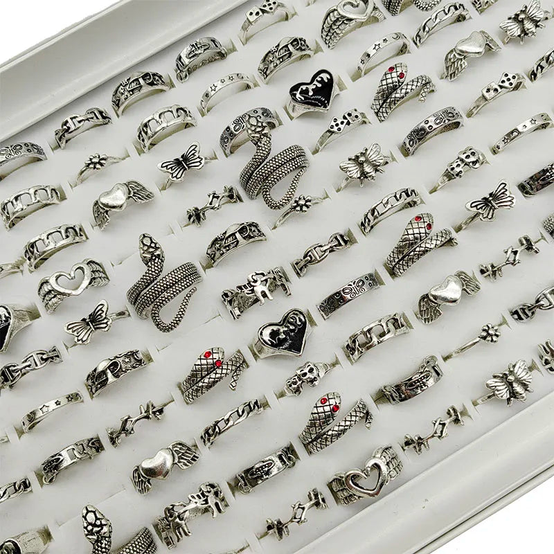 50pc/Lot Jewelry Factory In Stock Finger Rings Women Gold Antique Silver Plate Enamel Opal Crystal Snake Jewelry Party Bar Girl