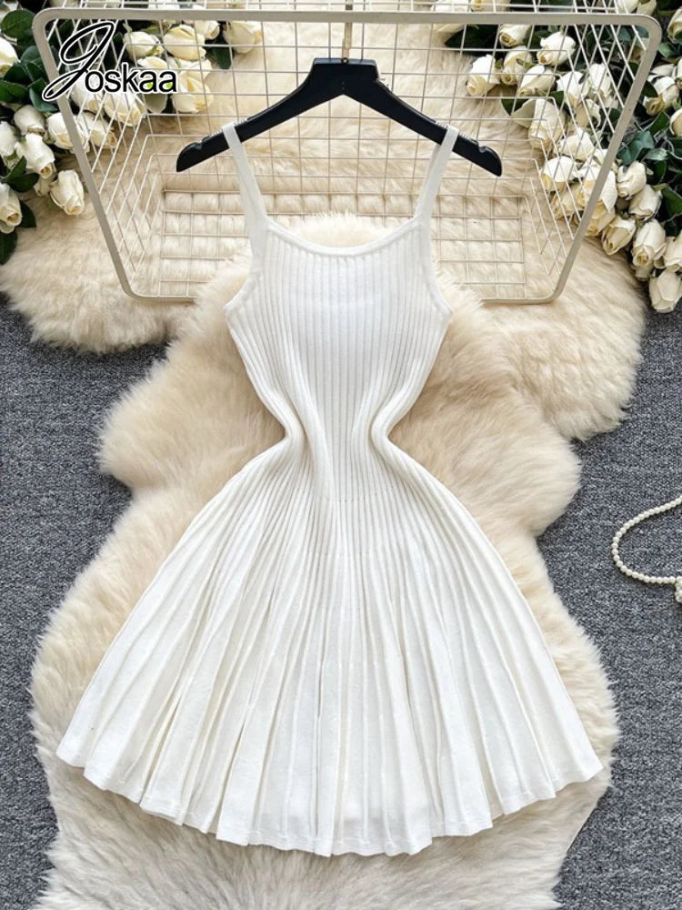 Joskaa 2026 Autumn Retro Striped Knit Dress Women Elegant Pleated Waist Slim Low Cut Sleeveless A-line Slip Dress Streetwear