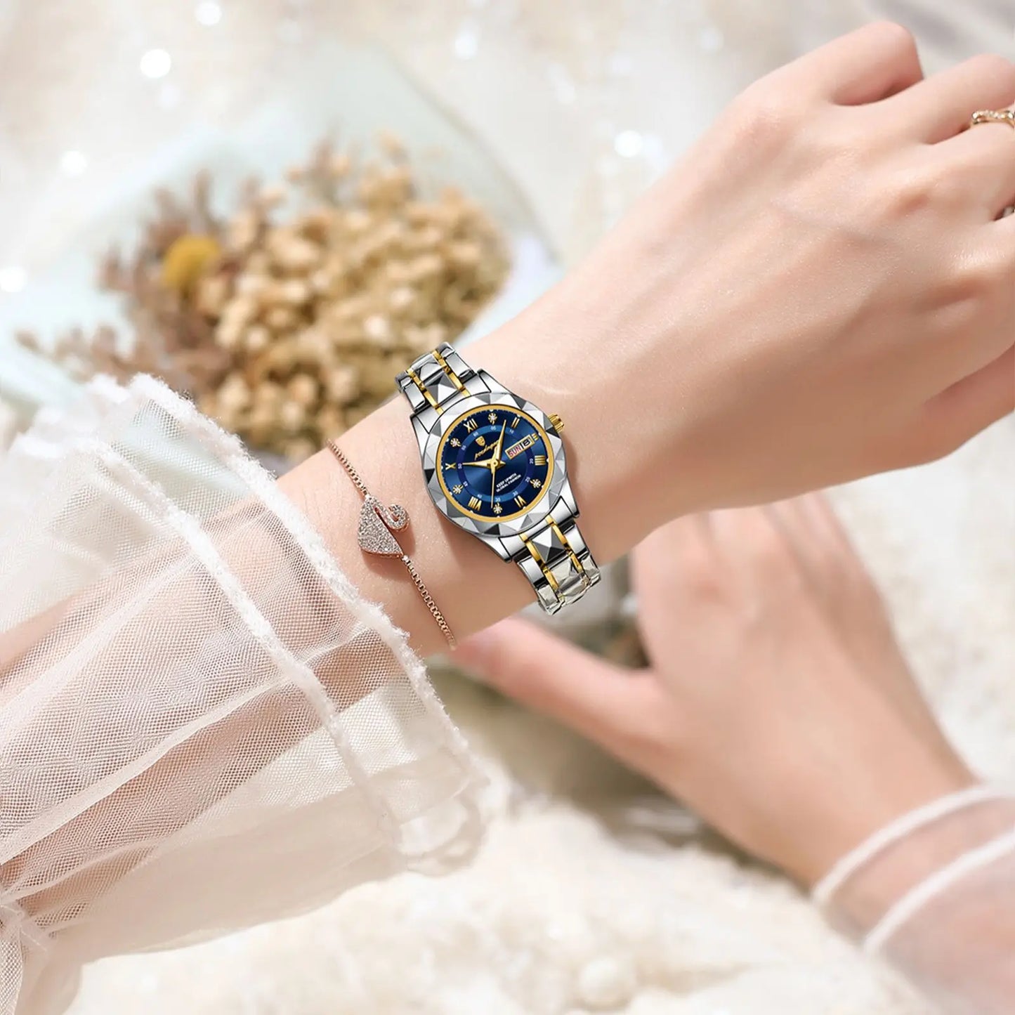 POEDAGAR Luxuriöse Damen-Kleideruhr, leuchtend, wasserdicht, Wochen- und Datumsanzeige, Damenarmbanduhr, Edelstahl-Damenquarzuhr reloj+box