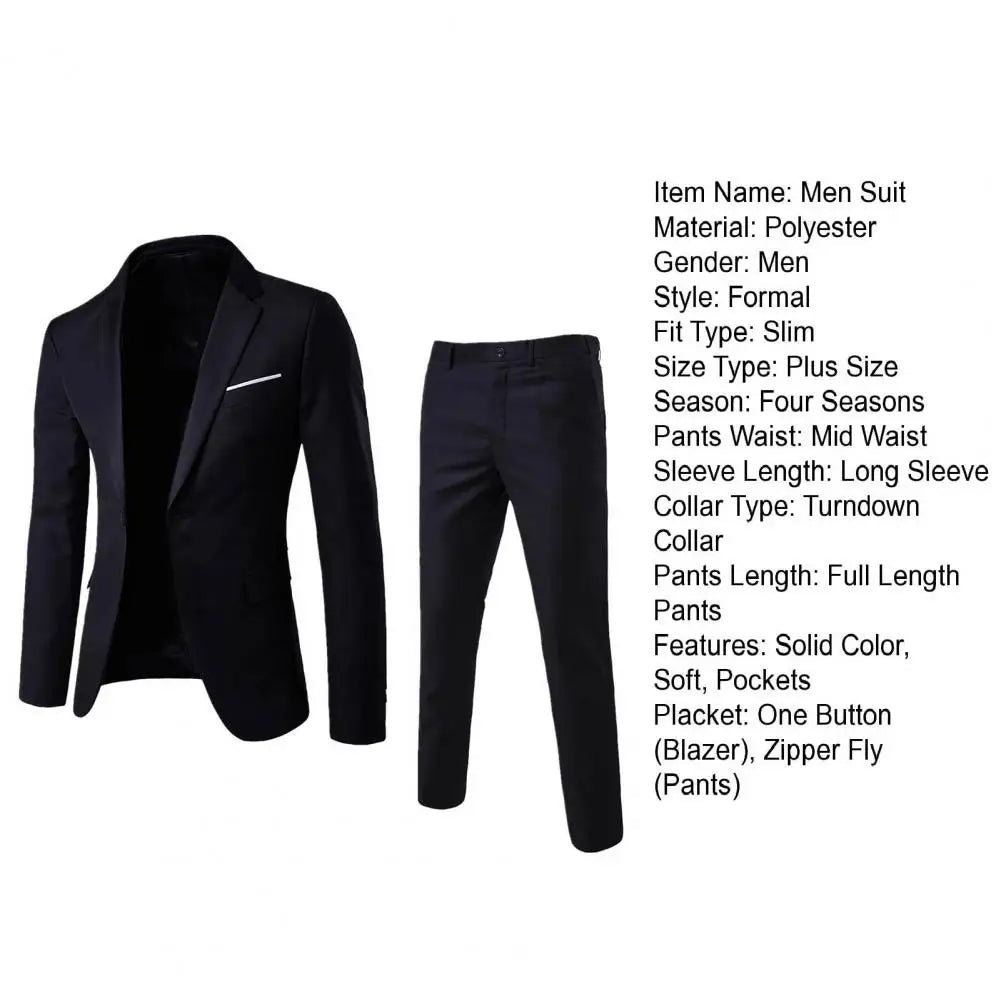 1 Set Stylish Formal Suit Temperament Men Pants Turndown Collar Pure Color One Button Suit Set Daily Wear