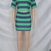 Beyprern Stylish Green Blue Striped Polo Skirt Set Two-Piece Dress For Women Short Sleeve Striped Tracksuits Set Night Clubwear