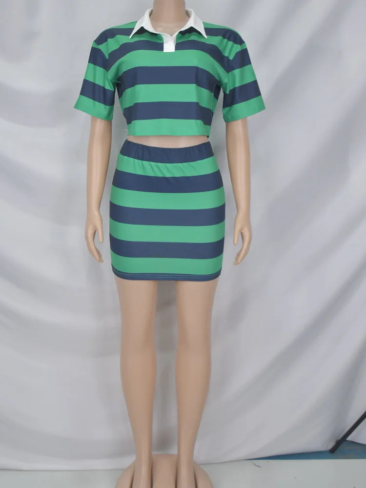 Beyprern Stylish Green Blue Striped Polo Skirt Set Two-Piece Dress For Women Short Sleeve Striped Tracksuits Set Night Clubwear