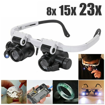 2XLED Uhren-Juwelier-Reparatur-Lupe Kopfmontiertes Stirnband Einstellbare Vergrößerungsbrille Lupenlinse 8X 15X 23X