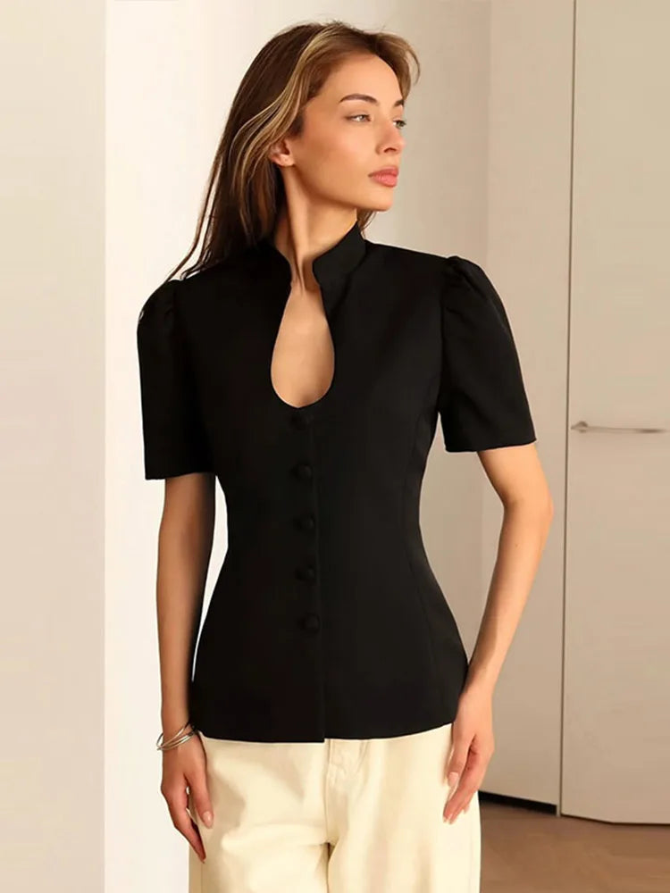 Fashion Women's Stand Collar Blazer Short Sleeve Button Puff Sleeves Solid Lady Top 2025 Summer Autumn Elegant Female Coat