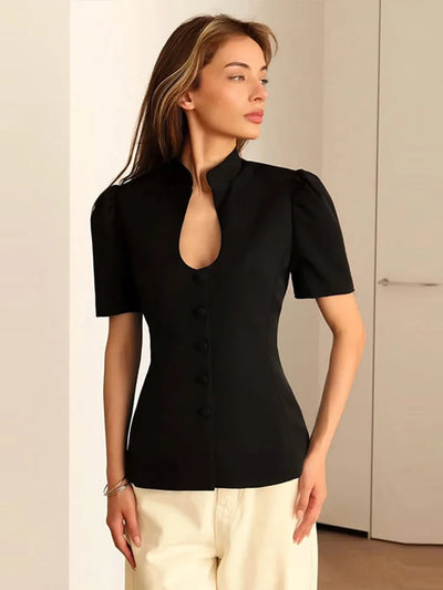 Fashion Women's Stand Collar Blazer Short Sleeve Button Puff Sleeves Solid Lady Top 2025 Summer Autumn Elegant Female Coat