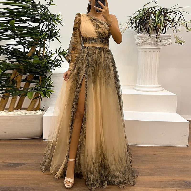 Vintage Blumenmuster Langarm High Waist Langes Kleid Sexy Asymmetrisches Mesh Abendkleid Neu Ein-Schulter-Ärmel Falten Brautjungfernkleid