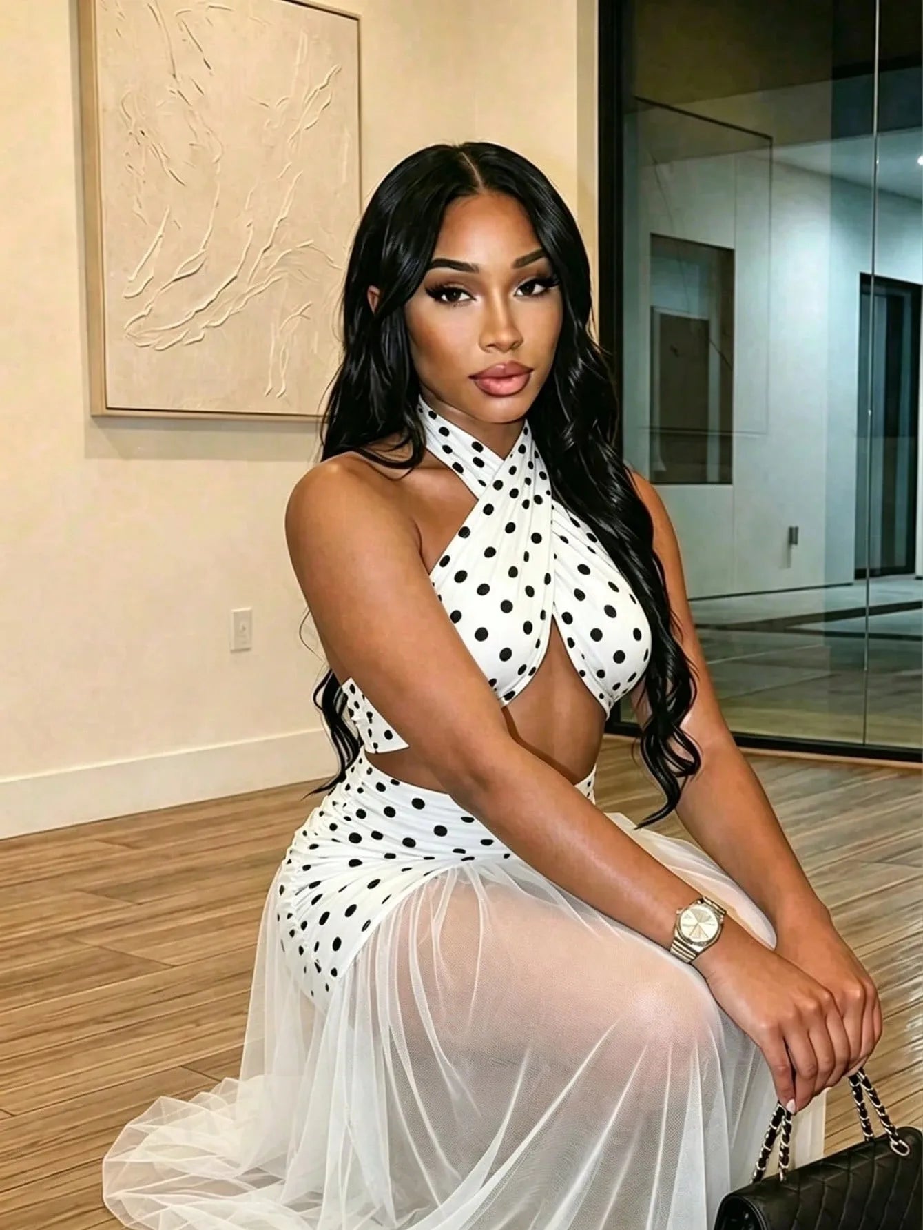 Sexy Polka Dot See through Beach Dress with Neck Hanging Long Polyester Blend Fabric Swimwear Cover up Irregular Hemline