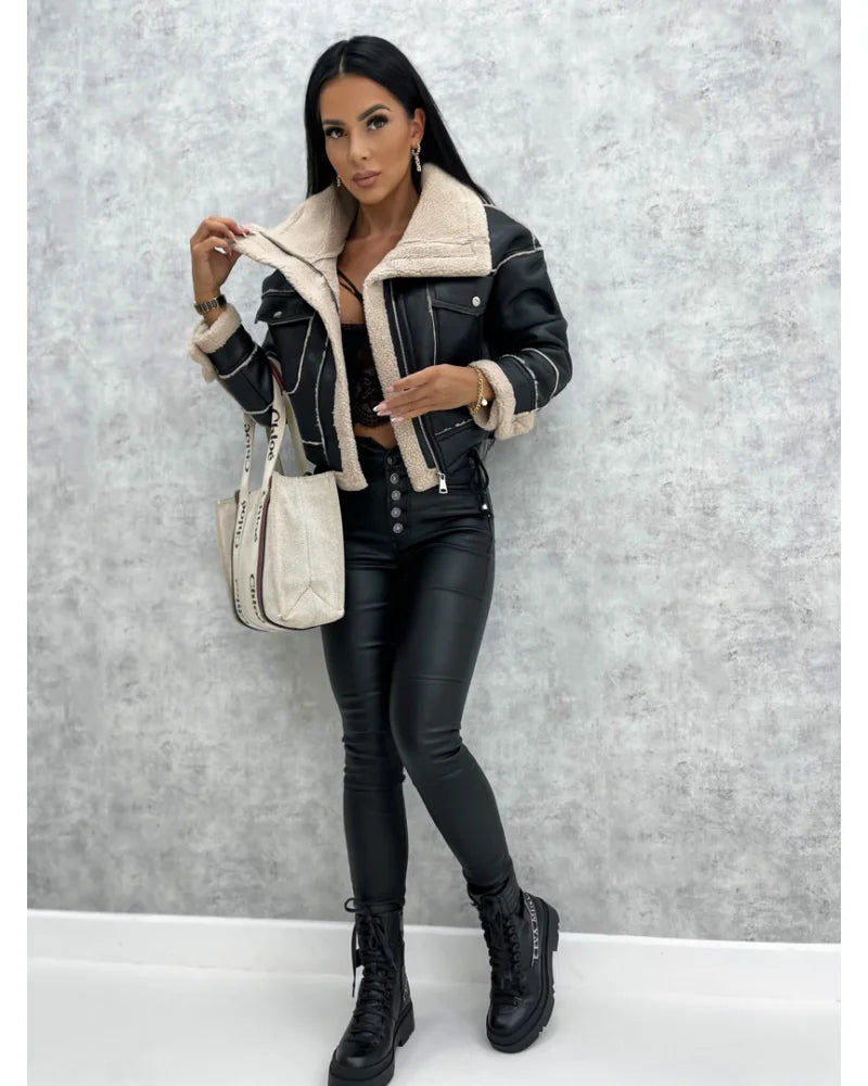 Faux Leather Jackets Women PU Short Thick Warm Black Outwear Female Aviator Retro Lapel Velvet Coat 2023 New Winter Woman Tops