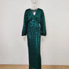 Women Sequins Splice Dress V Neck Full Sleeve A Line Evening Dresses Party Solid High Waist Long Skirts Office Lady Prom