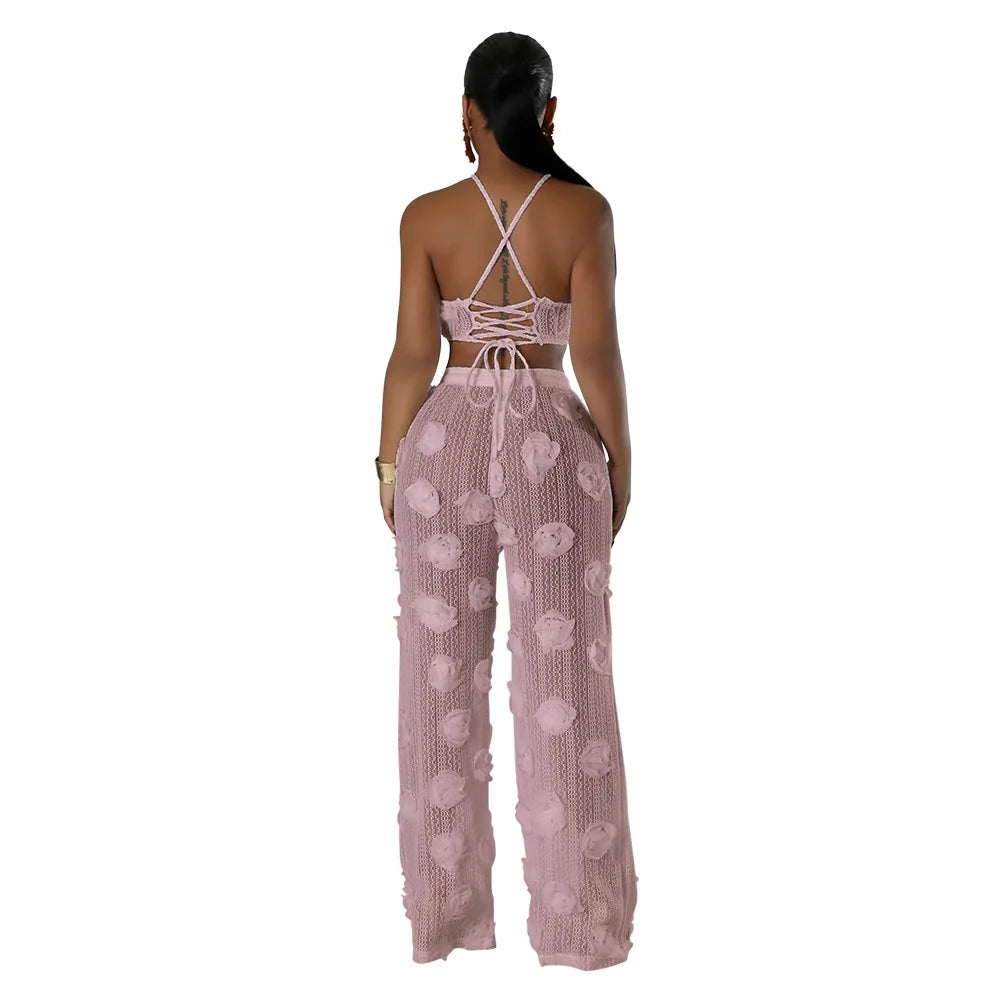 Women Two Piece Pant Sets Sexy Hollow Out Vest Sleeveless Tanks Tops Splice Long Pants Drawstring Streetwear Summer 2025