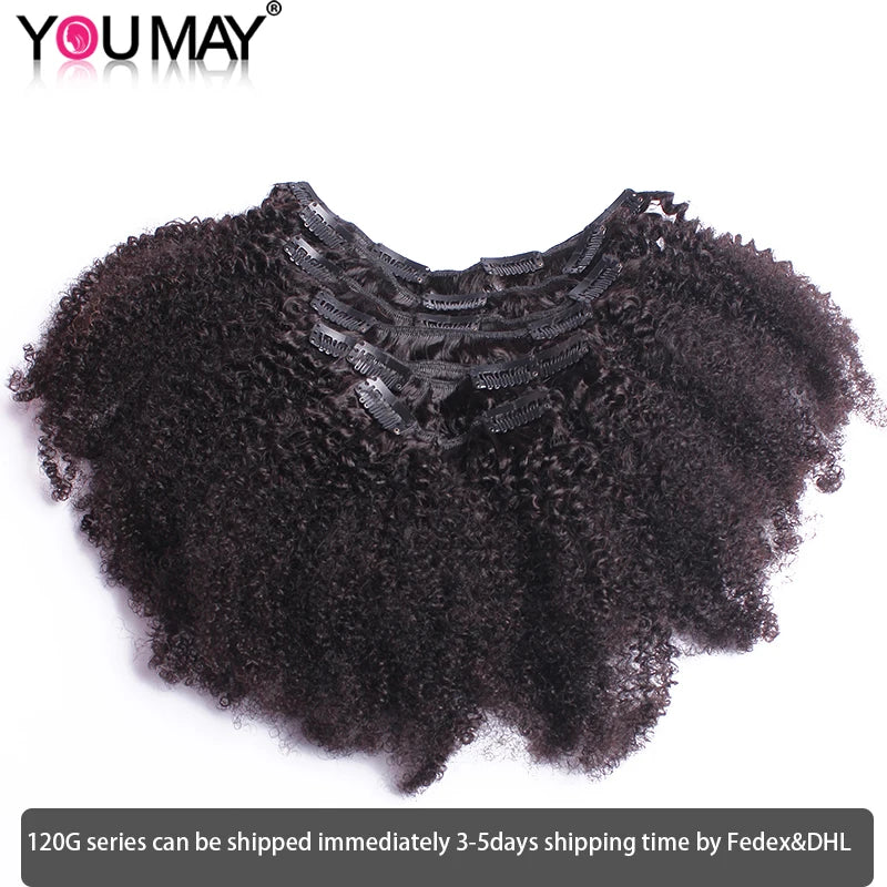 4B 4C Afro Kinky Curly Clip-In Echthaar-Extensions 100 % mongolisches unbehandeltes Haar Echtes menschliches Naturhaar Schwarz Clip-Ins Afro-Bündel YouMay
