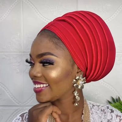 Afrikanische Frauen Auto Gele Kopftuch Nigeria Dame Plissierte Kopftücher Muslimisches Kopftuch Haube Turbante Mujer