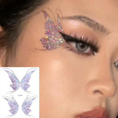 3D Feen-Schmetterlingsflügel Glänzendes Tattoo-Aufkleber Wasserdicht Augen Gesichts Körperkunst Fake Tattoos für Frauen Make-up Tanz Musikfestival