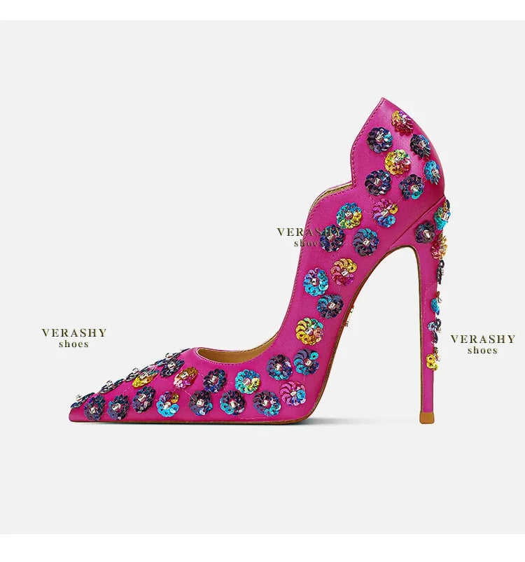 2025 Spring New High Heels Women's Embroidered Beaded Black Sexy Queen's Heel 10-12cm Pointed