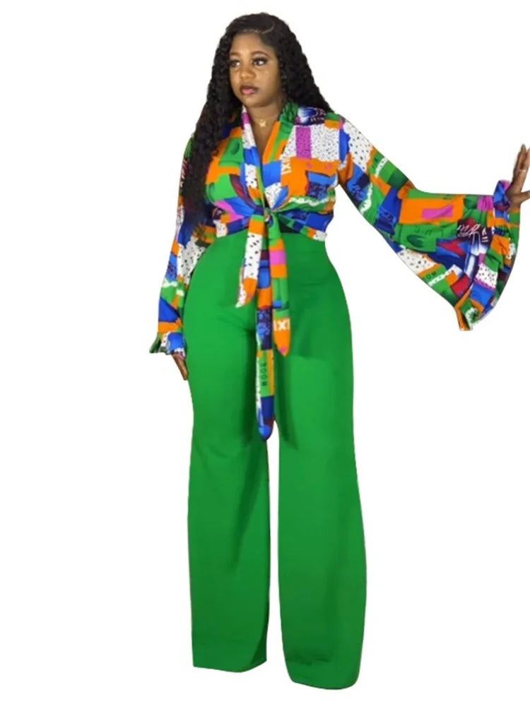 Wmstar Plus Size Two Piece Sets Wholesale Long Sleeve Print Top and Wide Leg Pants Matching Suit Fall Clothing Dropshopping