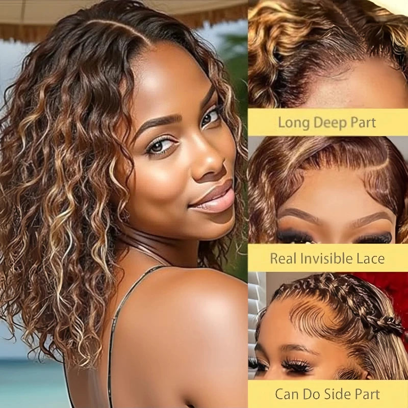 Deep Wave Bob Wig Human Hair Glueless Highlight 5x5 HD Lace Front 220% Density 4/27 Colored Ombre Wear and Go Human Hair Wigs