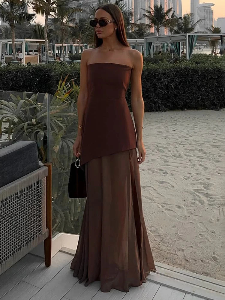 TARUXY Mode Trägerloses Kleid mit Band Frauen Elegantes Ärmelloses Mesh Strand Urlaub Langes Kleid Frühling 2025 Neues Damenkleid