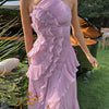 Chic pleated halter neck long vacation dress high quality purple strapless Lotus Edge Maxi Dress 2026 New Lady Vacation Gowns