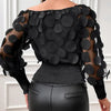 Applikationsbluse mit schrägen Schultern, elegante Langarmbluse für Frühling und Herbst, Damenbekleidung