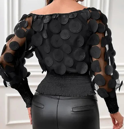 Applikationsbluse mit schrägen Schultern, elegante Langarmbluse für Frühling und Herbst, Damenbekleidung