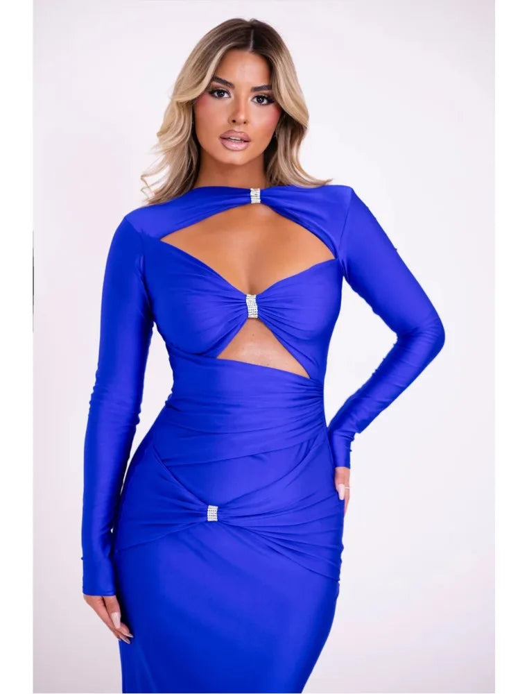 Articat Sexy Hohl Saum Langarm Elastisches Enges Kleid Damen Falten Doppellagig Weibliche Vestidos Elegantes Party Abendkleid