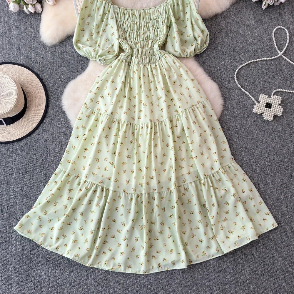 2024 Neues Sommer Blumenmuster Maxikleid Damen Vintage Eckiger Ausschnitt Geraffte Brust Schärpe Bandage Sommerkleid Partykleid
