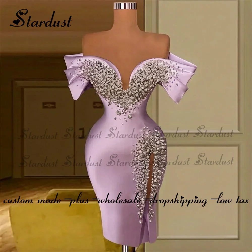 Stardust Luxury Off the Shoulder Homecoming Dress Pearls Slit Pleat Mini Saudi Arabric Illusion Cocktail Party Gown Customized