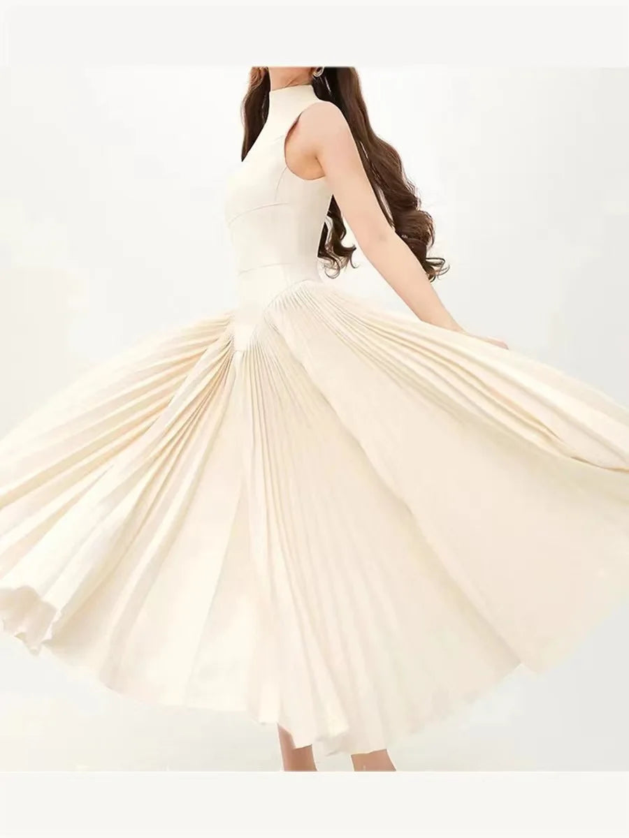 Long Dresses Women Party Dress Pleated Patchwork Sleeveless Stand Collar Maxi Gown Tight Waist Vestidos 2025 Summer A Line