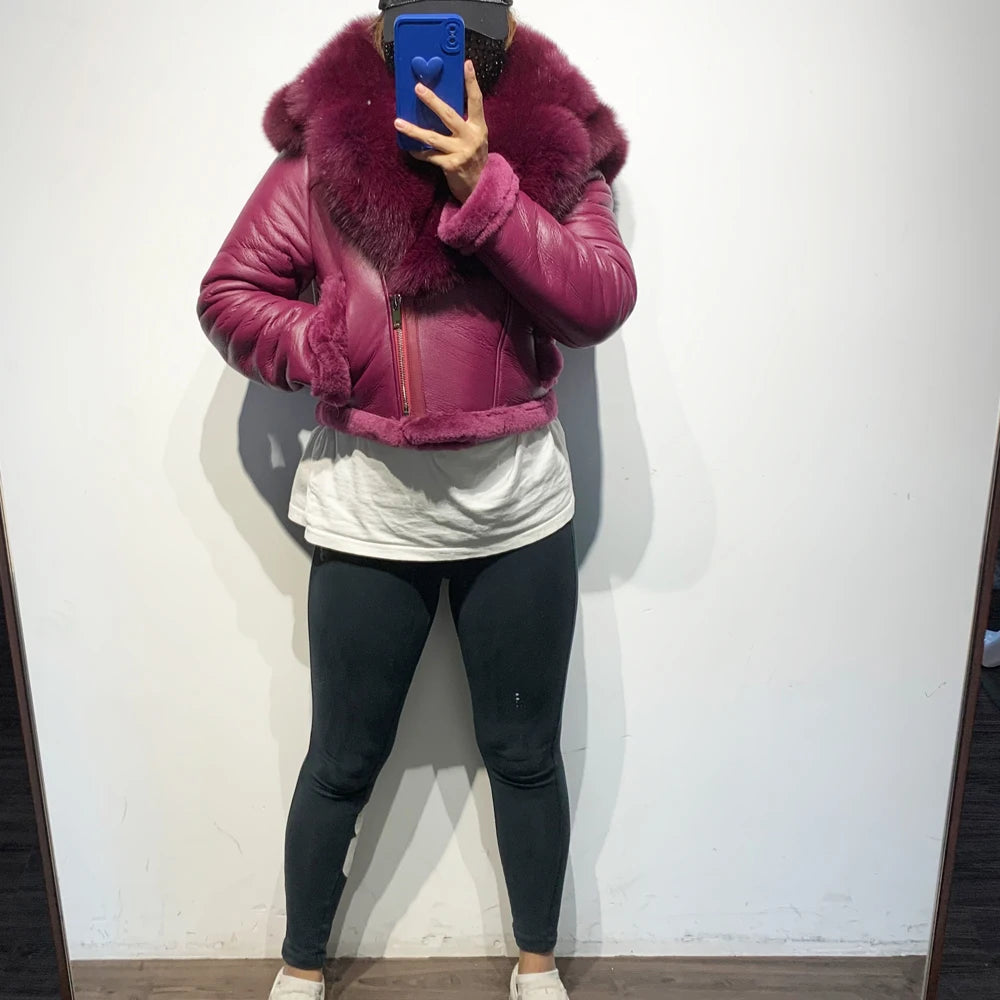 21-25Shearling Jacket women's shearling Cloth With Big Fur Collar and Hooded