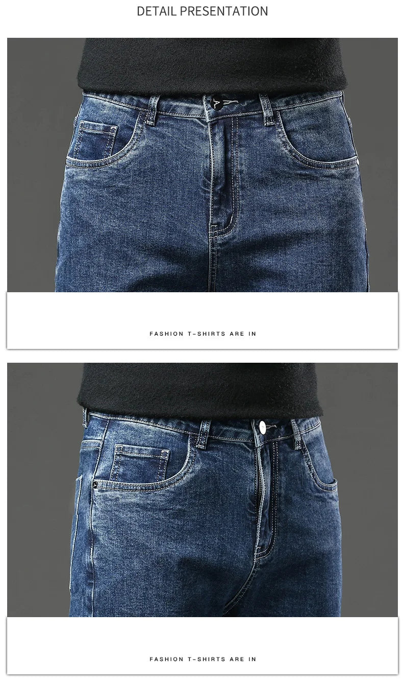 Winter Fleece Dicke Warme Jeans Herren Slim Straight Elastische Denim-Hose Lässige Herrenbekleidung Mode Plüschhose