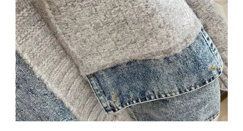 2023 New Autumn Winter Women Splicing Denim Jacket Women Long Sleeve Jean Jackets Female Loose Sweater Cardigan Jacket