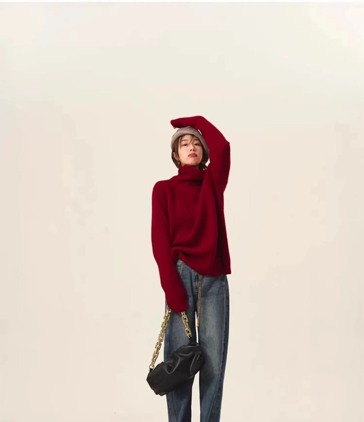 Rollkragenpullover 100% Kaschmir Pullover Damen lose verdickend Anti-Aging Nische Vintage Roter Rundhals-Pullover Damen Langarm