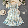 2024 Neues Sommer Blumenmuster Maxikleid Damen Vintage Eckiger Ausschnitt Geraffte Brust Schärpe Bandage Sommerkleid Partykleid
