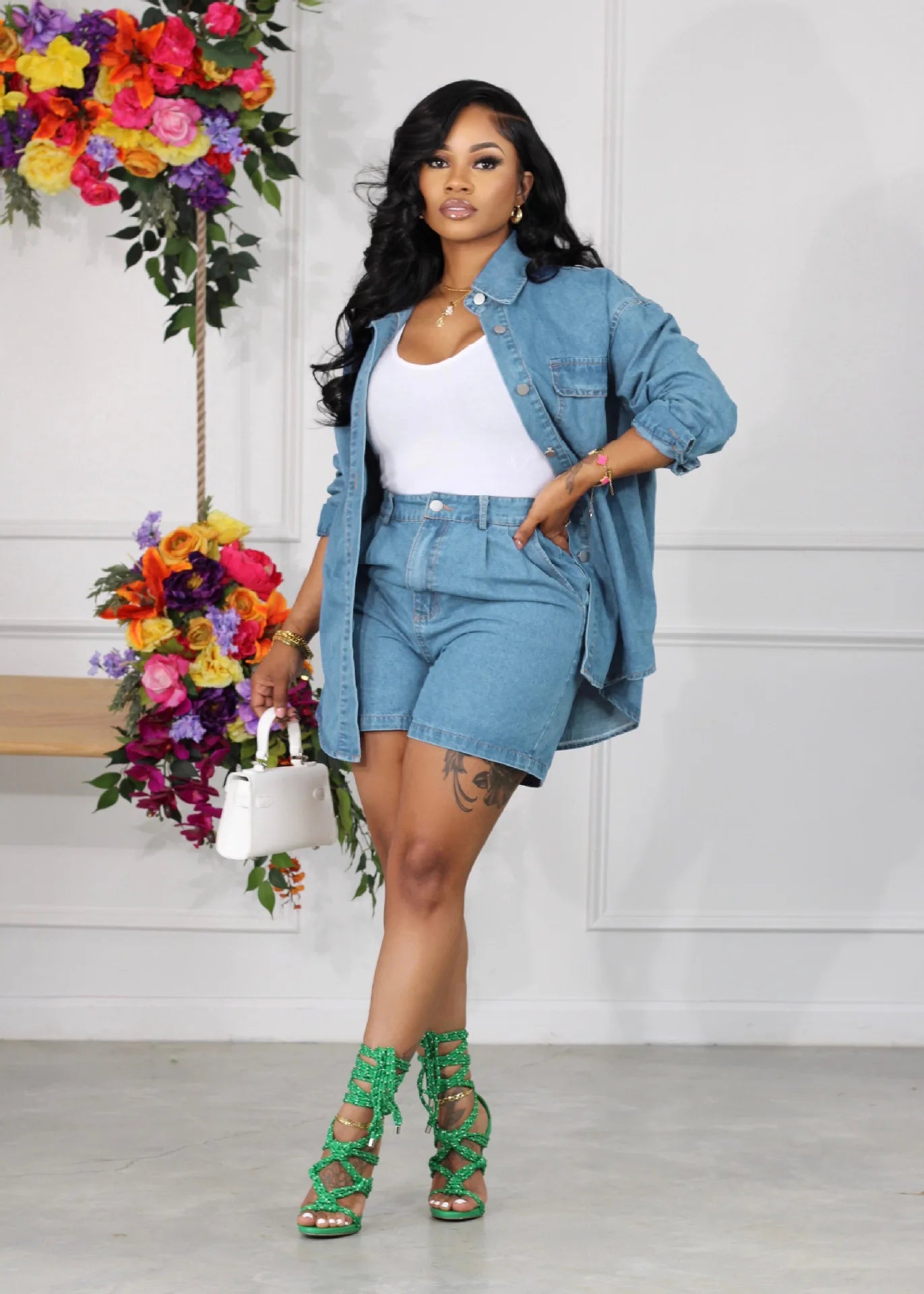 Denim Two Piece Sets Women 2024 Autumn Outfits Single Breasted Turn Down Collar Pockets Jacket Shorts Suit Short Pants Ensemble