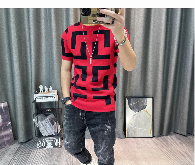 Luxury Men Autumn Knitted Tshirt 2024 Korean O-neck Short Sleeve Top Tees Streetwear Male Social Club Slim Fit Casual T-Shirt