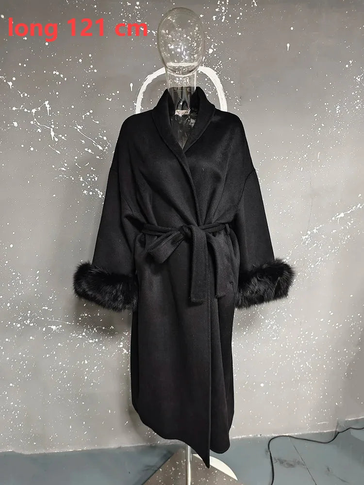 UCXQ Elegant OL Office Lady Overcoats Fur Patchwork Long Sleeve Woolen Coat Beautiful Women's Clothing Jacket Autumn 2025 Winter