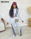 CM.YAYA Fashion Striped Splicing Women's Set Long Sleeve Sweatshirt and Sweat Pants Tracksuit 2024 Winter Two 2 Piece Set Outfit