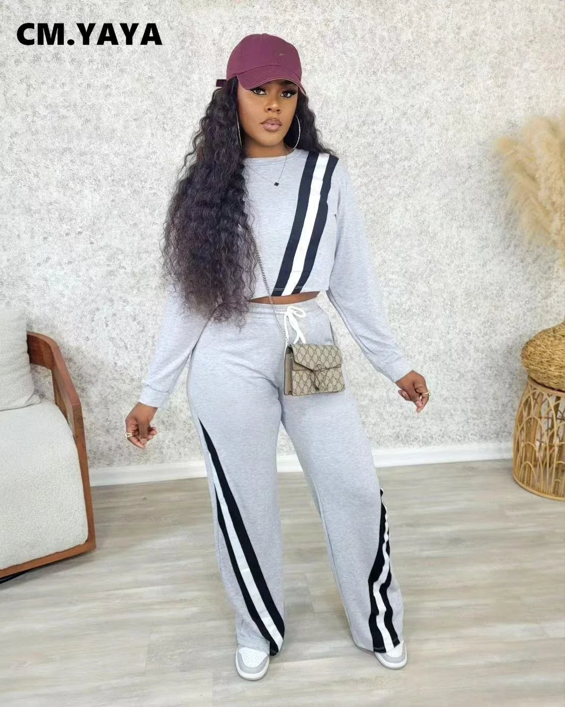CM.YAYA Fashion Striped Splicing Women's Set Long Sleeve Sweatshirt and Sweat Pants Tracksuit 2024 Winter Two 2 Piece Set Outfit