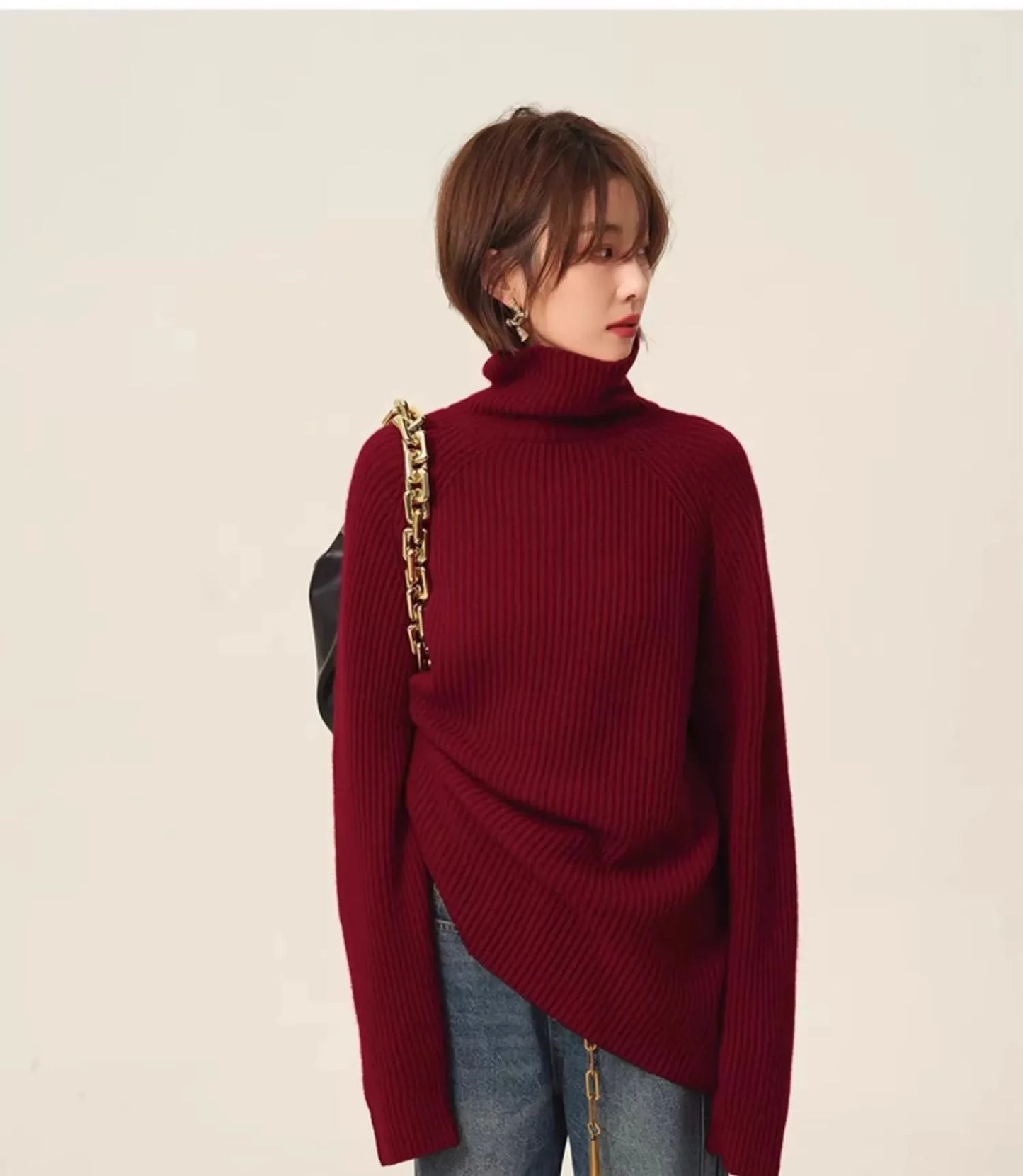 Rollkragenpullover 100% Kaschmir Pullover Damen lose verdickend Anti-Aging Nische Vintage Roter Rundhals-Pullover Damen Langarm