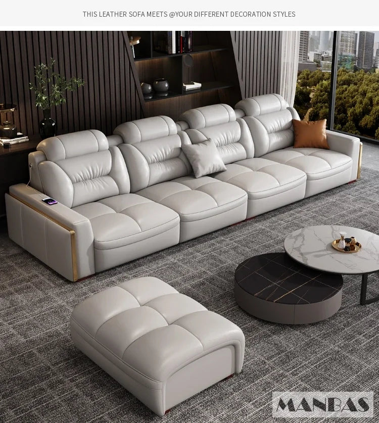 Premium italienische Echtleder-Ecksofas Sofagarnituren mit USB und Bluetooth Lautsprecher – MANBAS Wohnzimmermöbel