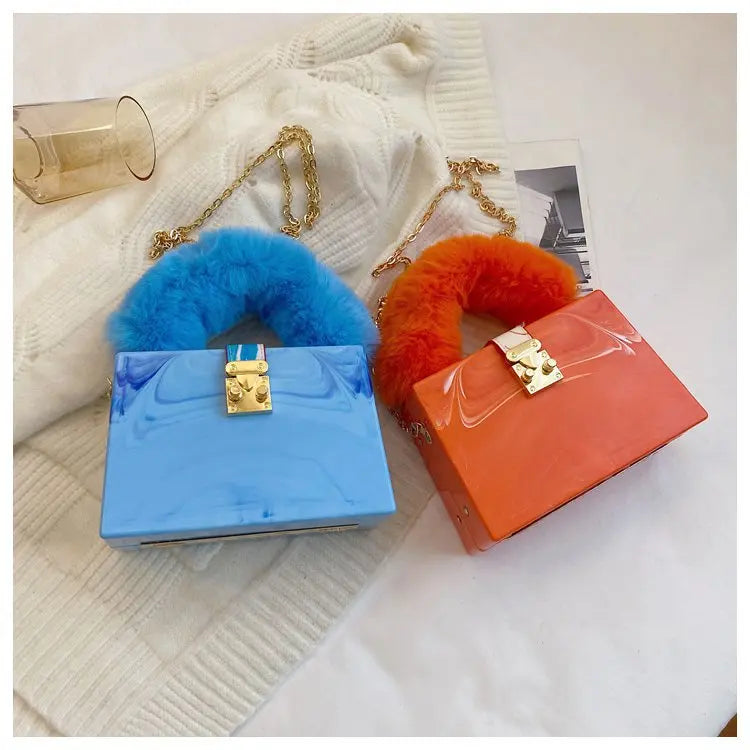 Faux Fur Top Handle Acrylic Party Box Clutch Fashion Purses and Handbags for Women Designer Evening Bag Chain Shoulder Bag