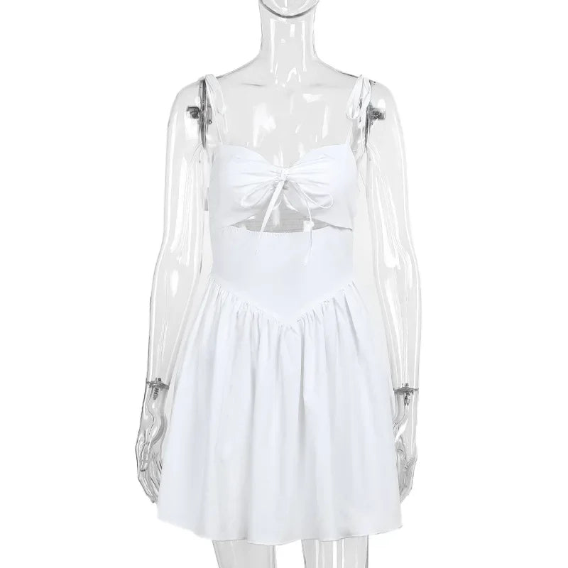 Hollow Ruched  Dress Women Square Collar Lace-up Shoulder Strap Backless Sleeveless Ruffles Street Trend Mini Bodycon