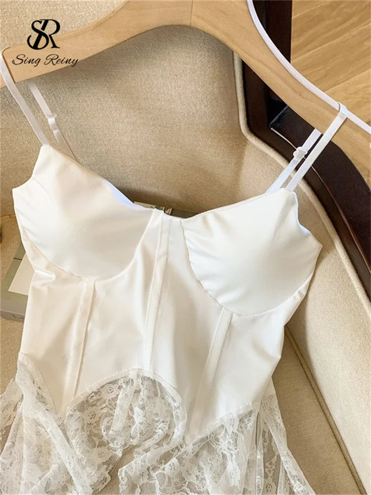 SINGREINY Summer Irregular Sexy Camisole French Style Sleeveless Sheath Camis 2025 Women Lace Spliced Solid Streetwear Camis